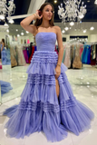 A-Line Strapless Tulle Long Prom Dress with Tiered Ruffles HZ1023