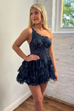 One Shoulder A Line Navy Tiered Lace Short Homecoming Dress HZ1023