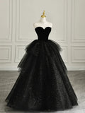 Black elegant off-shoulder tulle dress velvet sweetheart neckline tube top long evening dress ball gown HZ1023