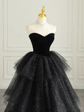 Black elegant off-shoulder tulle dress velvet sweetheart neckline tube top long evening dress ball gown HZ1023