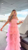 Pink fashion sweet A-line strapless long elegant layered tulle ball gown evening dress party dress HZ1023