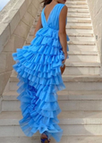 Blue V neck layered prom dress formal evening dress HZ1023