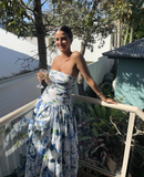 Strapless Print Floral Long Prom Dress Evening Gown HZ1023