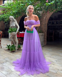 Elegant Purple Tulle A-Line Off Shoulder Long Prom Dress HZ1023