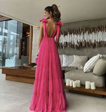 Pink backless deep V neck long prom dress A-line evening gown HZ1023