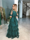Green Tulle Short Sleeves A Line Prom Dress HZ1023