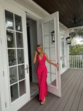 Hot pink A-line V-neck sleeveless long satin prom dress evening gown party dress HZ1023