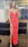 Spaghetti Straps Watermelon Red Formal Dress with Slit HZ1023