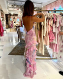 Dreamy elegant spaghetti strap pink layered ruffle maxi dress long chiffon evening gown ball gown HZ1023