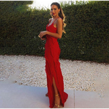 Red Maxi Prom Dress With Frill Detail Backless Party Dress HZ1023