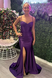 Grape Mermaid Straps Beaded Satin Long Prom Dress with Slit HZ1023