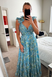Blue elegant chiffon floral long prom dress evening gown garden party dress HZ1023