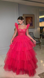 Pink elegant cute A-line long tiered ball gown fashionable evening dress HZ1023