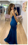 Blue simple and elegant A-line V-neck mermaid long ball gown evening dress HZ1023