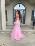 Pink strapless exquisite applique mermaid long tulle ball gown evening dress HZ1023