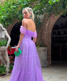 Elegant Purple Tulle A-Line Off Shoulder Long Prom Dress HZ1023