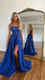 Royal Blue Sparkle Tulle Sequined Slit Long Prom Dress with Beads HZ1023