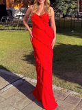 Red Maxi Prom Dress With Frill Detail Backless Party Dress HZ1023