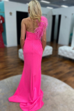 Mermaid One Shoulder Long Prom Dress with Feathers HZ1023