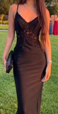Bodycon stretch woven satin applique v neck sleeveless long black ball gown evening dress HZ1023