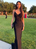 Bodycon stretch woven satin applique v neck sleeveless long black ball gown evening dress HZ1023