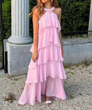 Pink suspenders fashion sweet A-line backless long chiffon tiered ball gown evening dress party dress HZ1023