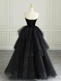 Black elegant off-shoulder tulle dress velvet sweetheart neckline tube top long evening dress ball gown HZ1023