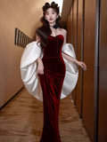 Burgundy Fashion Elegant Mermaid Off-shoulder Long Slim Velvet prom dress Evening Dress Party Dress HZ1023