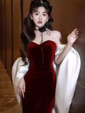 Burgundy Fashion Elegant Mermaid Off-shoulder Long Slim Velvet prom dress Evening Dress Party Dress HZ1023