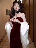 Burgundy Fashion Elegant Mermaid Off-shoulder Long Slim Velvet prom dress Evening Dress Party Dress HZ1023