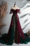 Burgundy gorgeous retro exquisite applique elegant strapless long tulle ball gown evening dress prom dress HZ1023