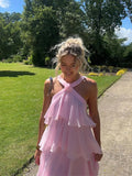 Pink Halter Fashion Halter Ruffled Tiered Ruffle Long Chiffon Tulle Ball Gown Evening Gown Party Dress HZ1023