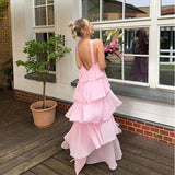 Pink Halter Fashion Halter Ruffled Tiered Ruffle Long Chiffon Tulle Ball Gown Evening Gown Party Dress HZ1023