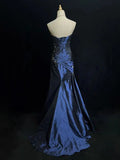 Navy Blue Vintage Fashion Exquisite Beading Long Satin Floor Length Ball Gown Evening Dress HZ1023