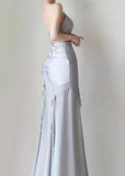 Silver Blue Vintage Fashion Elegant Exquisite Beading Mermaid Spaghetti Strap Satin Long Prom Gown Party Dress HZ1023