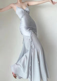 Silver Blue Vintage Fashion Elegant Exquisite Beading Mermaid Spaghetti Strap Satin Long Prom Gown Party Dress HZ1023