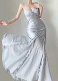 Silver Blue Vintage Fashion Elegant Exquisite Beading Mermaid Spaghetti Strap Satin Long Prom Gown Party Dress HZ1023