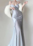 Silver Blue Vintage Fashion Elegant Exquisite Beading Mermaid Spaghetti Strap Satin Long Prom Gown Party Dress HZ1023