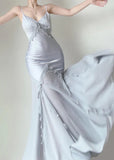 Silver Blue Vintage Fashion Elegant Exquisite Beading Mermaid Spaghetti Strap Satin Long Prom Gown Party Dress HZ1023