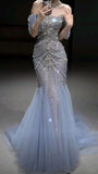 Blue gorgeous shiny beautiful off-shoulder exquisite beading long tulle mermaid slim fishtail skirt ball gown formal evening gown wedding dress HZ1023