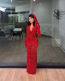 Red Shiny Pretty V Neck Long Bodycon Sexy Sequined Prom Dress Formal Evening Gown Party Dress HZ1023