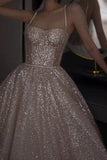 Champagne gorgeous shiny elegant fashion spaghetti strap long sequined prom dress, evening dress, party dress HZ1023