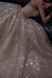 Champagne gorgeous shiny elegant fashion spaghetti strap long sequined prom dress, evening dress, party dress HZ1023