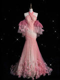 Pink Gorgeous Retro Fashion Elegant Floral Mermaid Suspender Long Mermaid Tulle Floor Length Evening Dress Prom Dress HZ1023