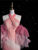 Pink Gorgeous Retro Fashion Elegant Floral Mermaid Suspender Long Mermaid Tulle Floor Length Evening Dress Prom Dress HZ1023