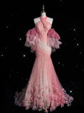 Pink Retro Gorgeous Fashion Floral Strap Long Tulle Floor Length Mermaid Slim Fishtail Skirt Ball Gown Evening Gown Prom Dress HZ1023