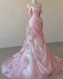 Pink gorgeous exquisite floral mermaid slim strapless long tulle floor-length ball gown evening wedding dress HZ1023