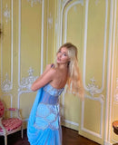 Light Blue Vintage Fashion Exquisite Beading A-Line Off-the-shoulder Long Chiffon Ball Gown Evening Dress Party Dress HZ1023