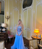 Light Blue Vintage Fashion Exquisite Beading A-Line Off-the-shoulder Long Chiffon Ball Gown Evening Dress Party Dress HZ1023