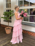 Pink Halter Fashion Halter Ruffled Tiered Ruffle Long Chiffon Tulle Ball Gown Evening Gown Party Dress HZ1023